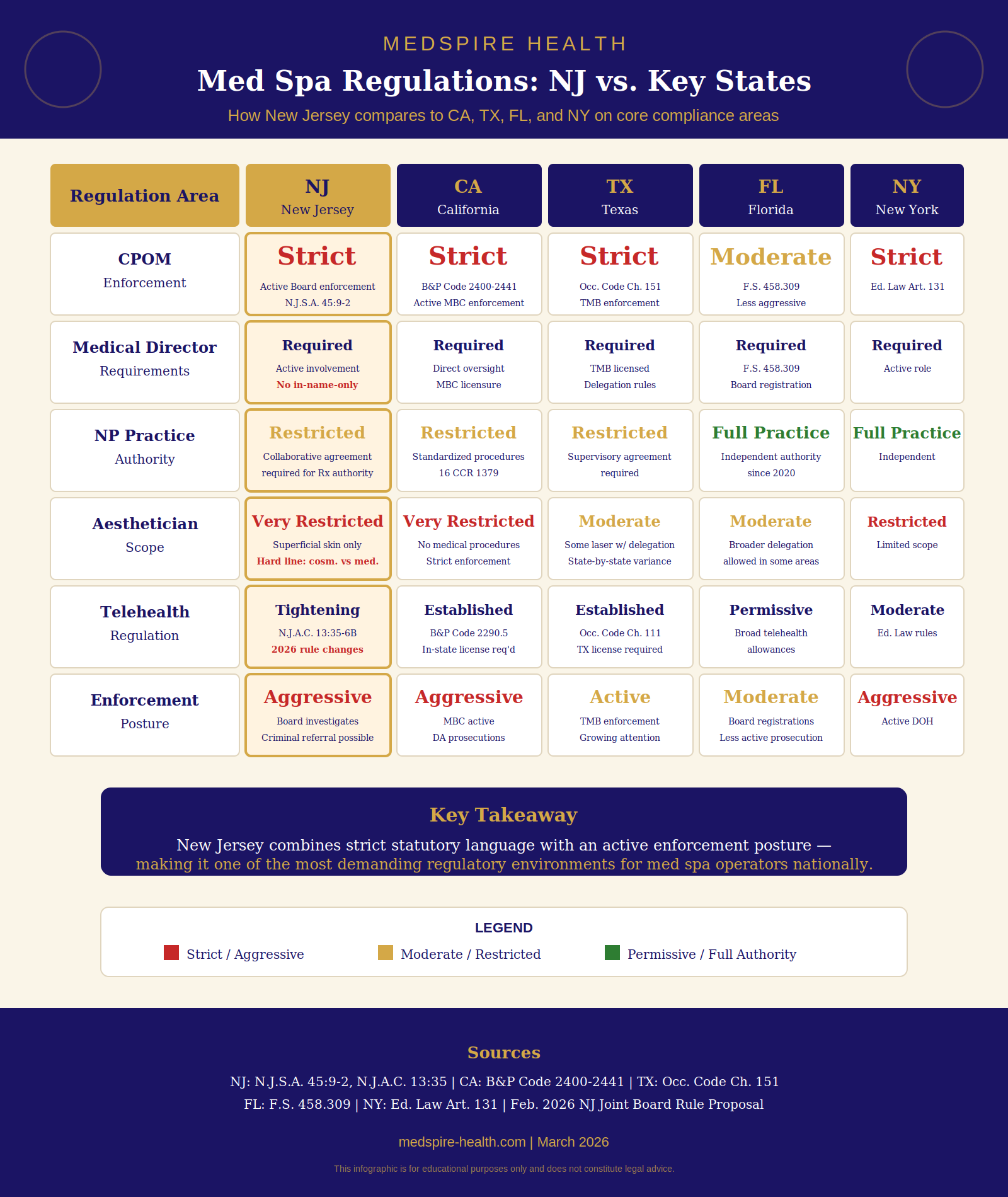 Comparison chart of med spa regulations across New Jersey, California, Texas, Florida, and New York covering CPOM enforcement, medical director requirements, and ownership rules